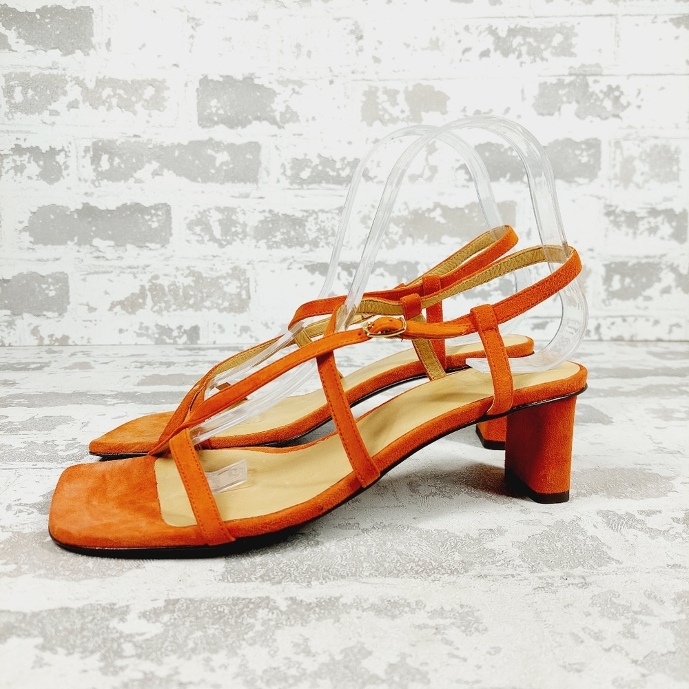 Frame Denim Orange Suede Strappy Block Heel Sandals